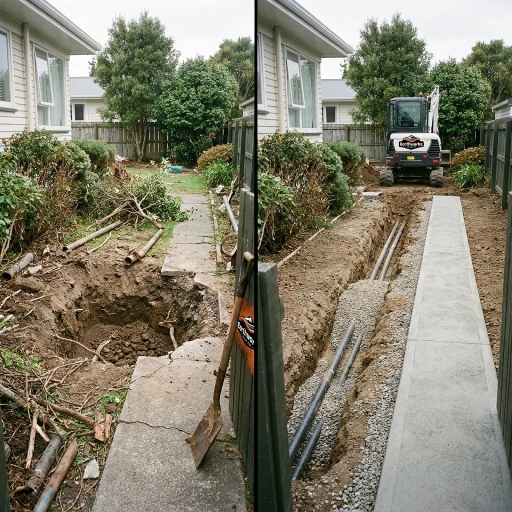 A split-screen comparison showing residential Earthworks Napier drainage system installation before and after completion.