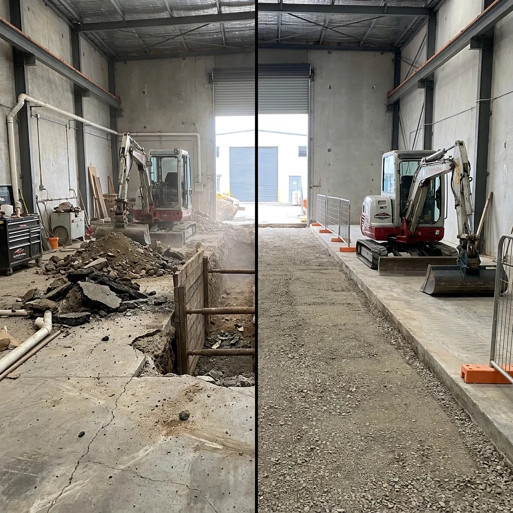 A split-screen view showing the before and after of an indoor Earthworks Napier utility trenching project inside a warehouse.