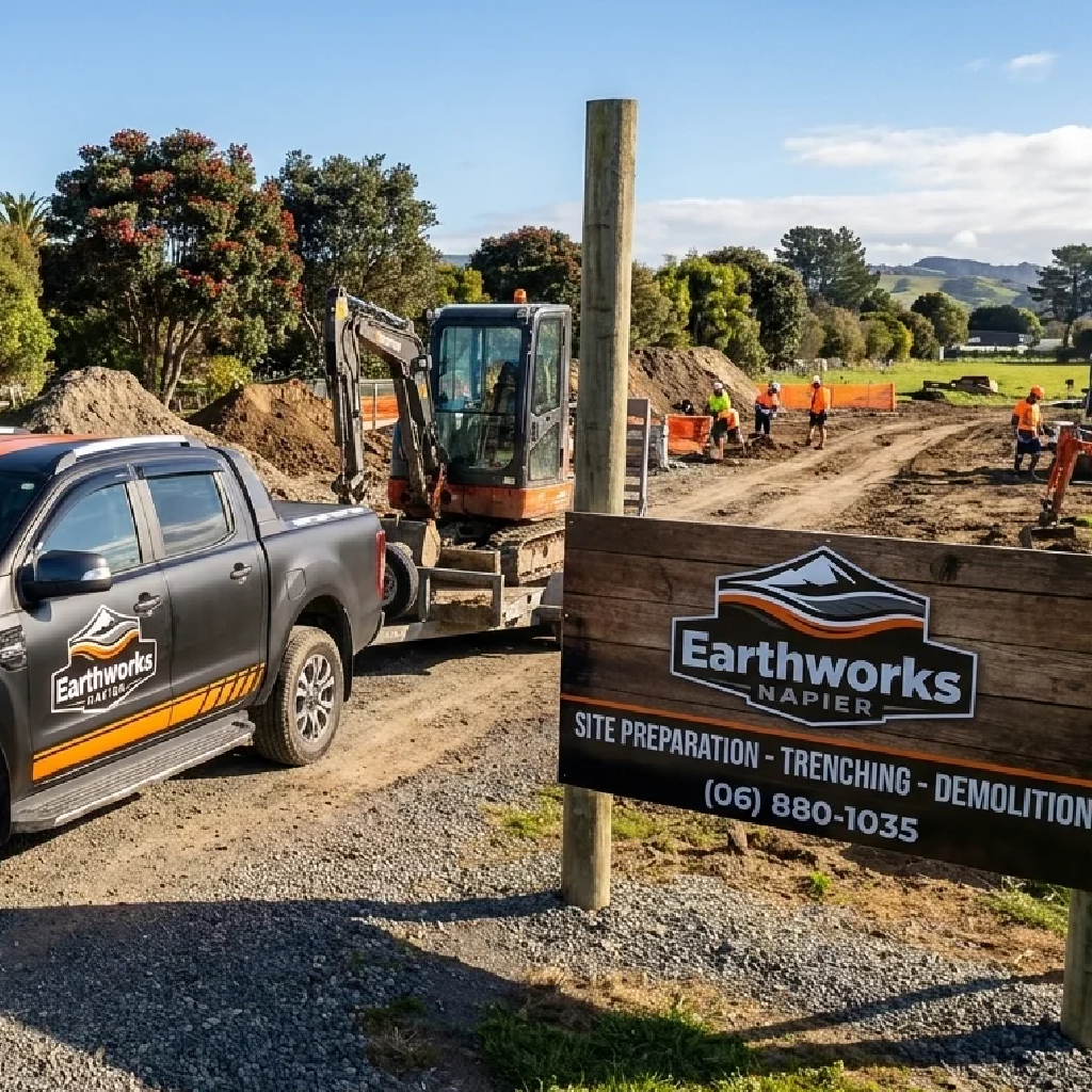 Branded company vehicle and excavator on site next to an Earthworks Napier sign displaying excavation services.