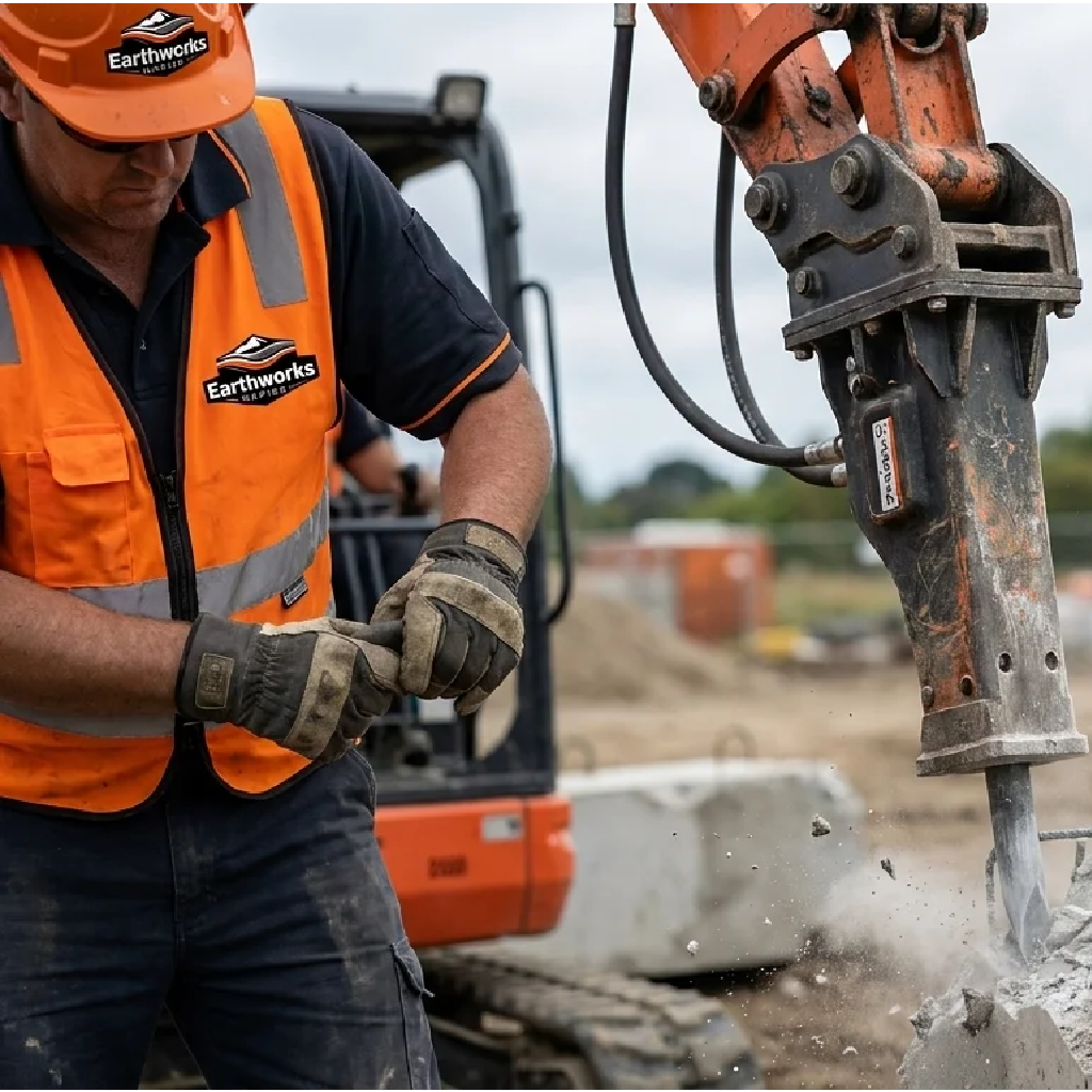 An operator in safety gear preparing heavy machinery for concrete breaking during Earthworks Napier demolition works.