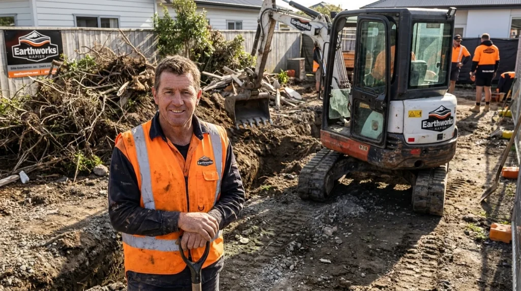 Earthworks Napier project manager reviewing construction plans on a residential site with an excavator in the background.