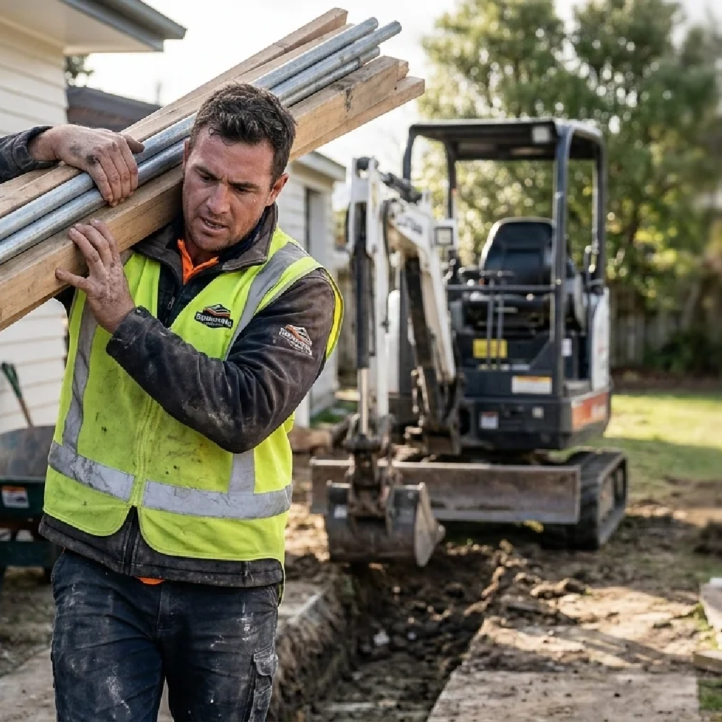 A worker carrying building materials and timber on a residential site during Earthworks Napier land leveling and grading work.