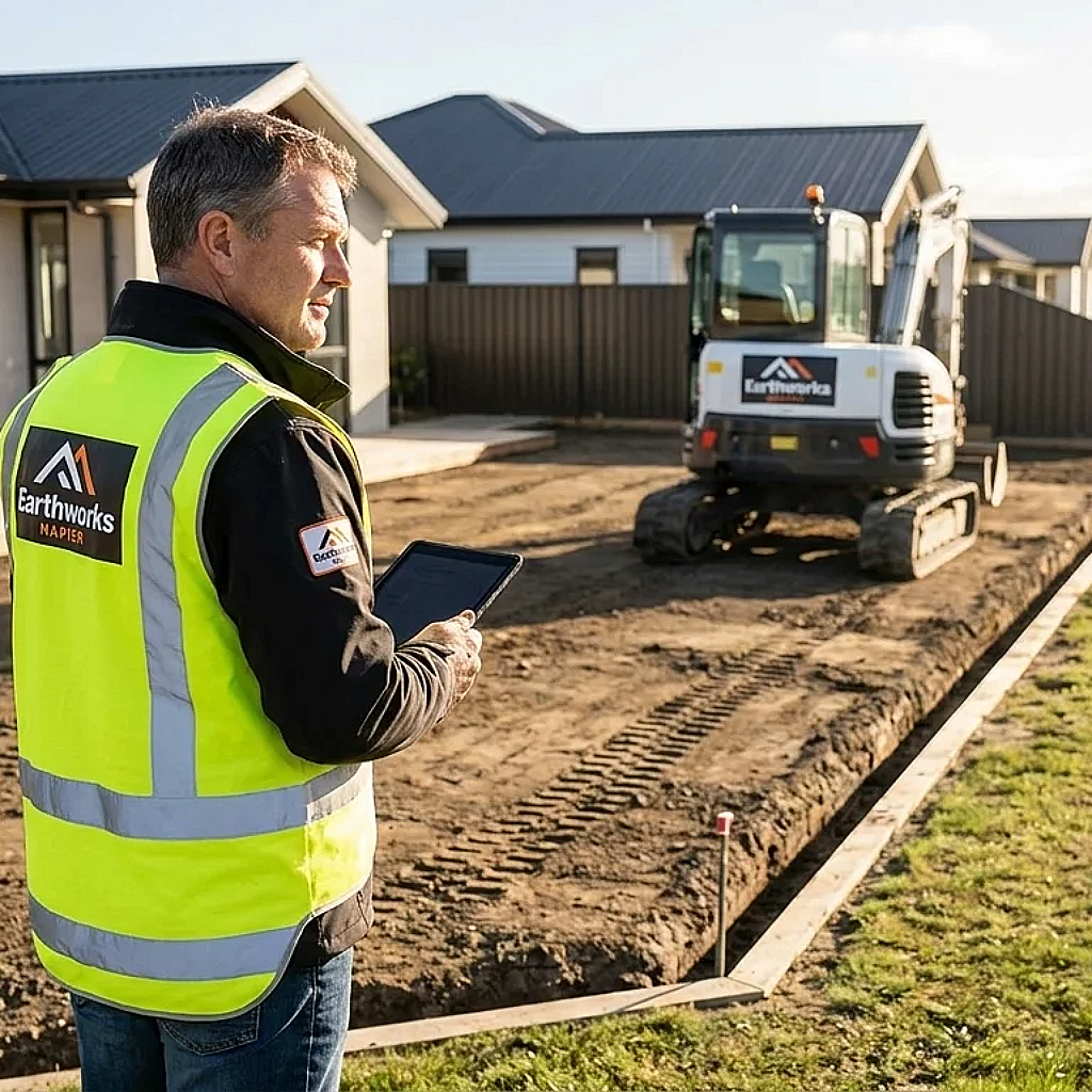 Smiling Earthworks Napier team leader holding a shovel on a foundation preparation site.